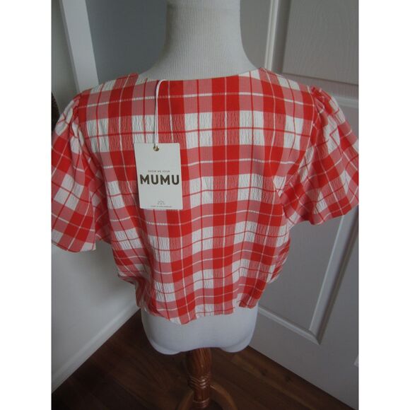 NWT SHOW ME YOUR MUMU PICNIC PLAID HIGHLAND ORANGE CROP TOP LARGE - Picture 2 of 6